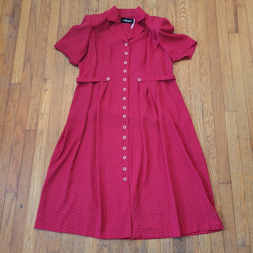 Sag Harbor 18W Maxi Dress Red Polka Dot Button Front Retro Modest Teacher 90s